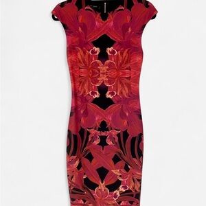 Ted Baker London Red and Black Orchid Floral Midi Dress Size 1 / US 2-4 Bodycon